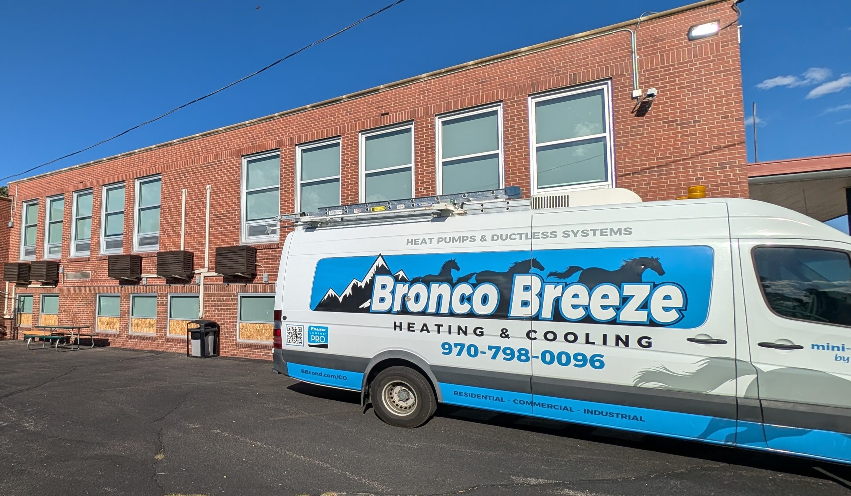 A Bronco Breeze Ductless Ac installation van